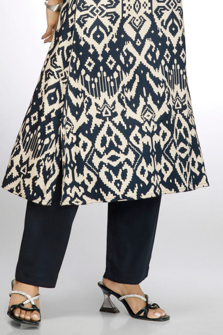Navy Blue Ikat Print Straight Kurta Set