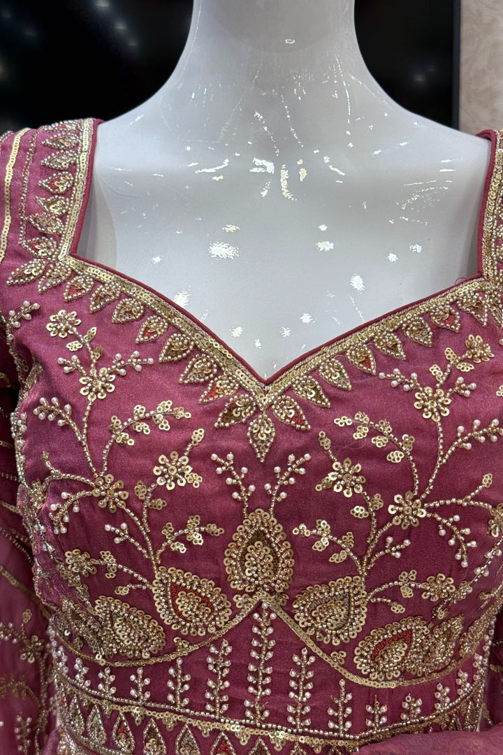 Onion Pink Pearls, Beads and Multicolor Thread work with Self Print Saree