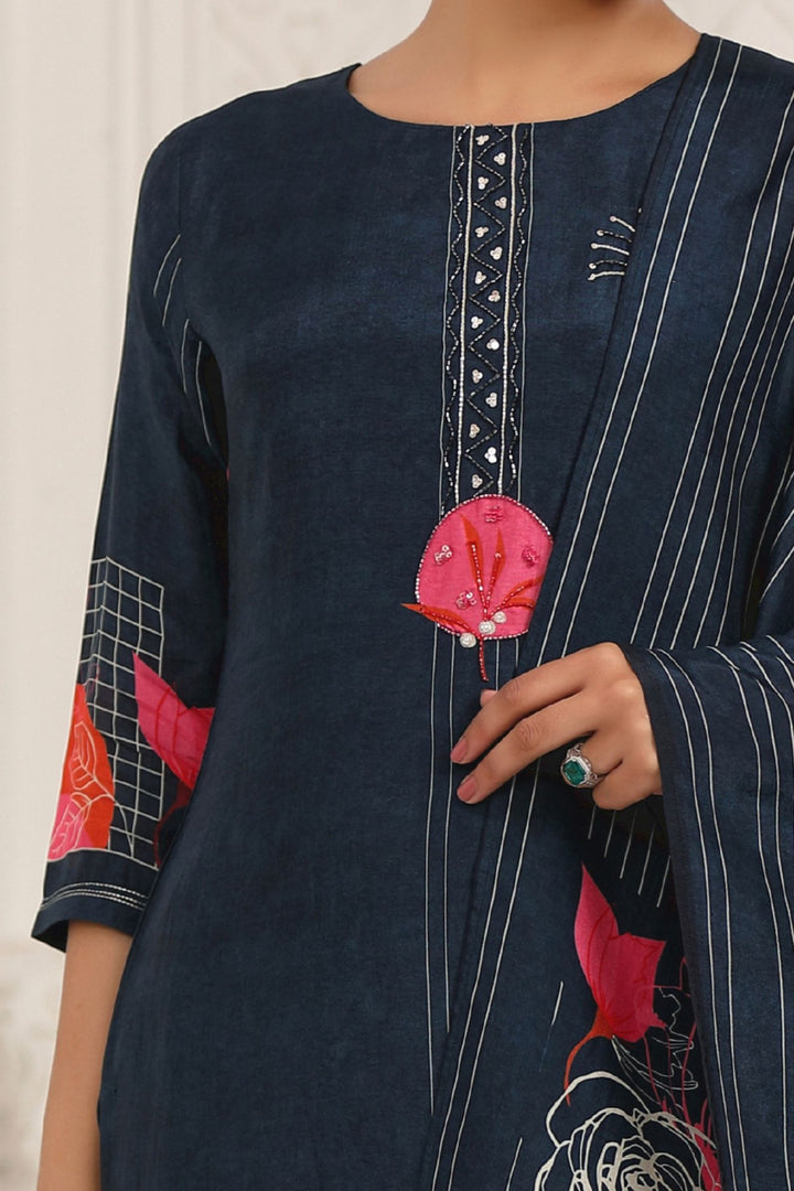 Teal Blue Beads and Sequins work with Digital Print Straight Kurta Set