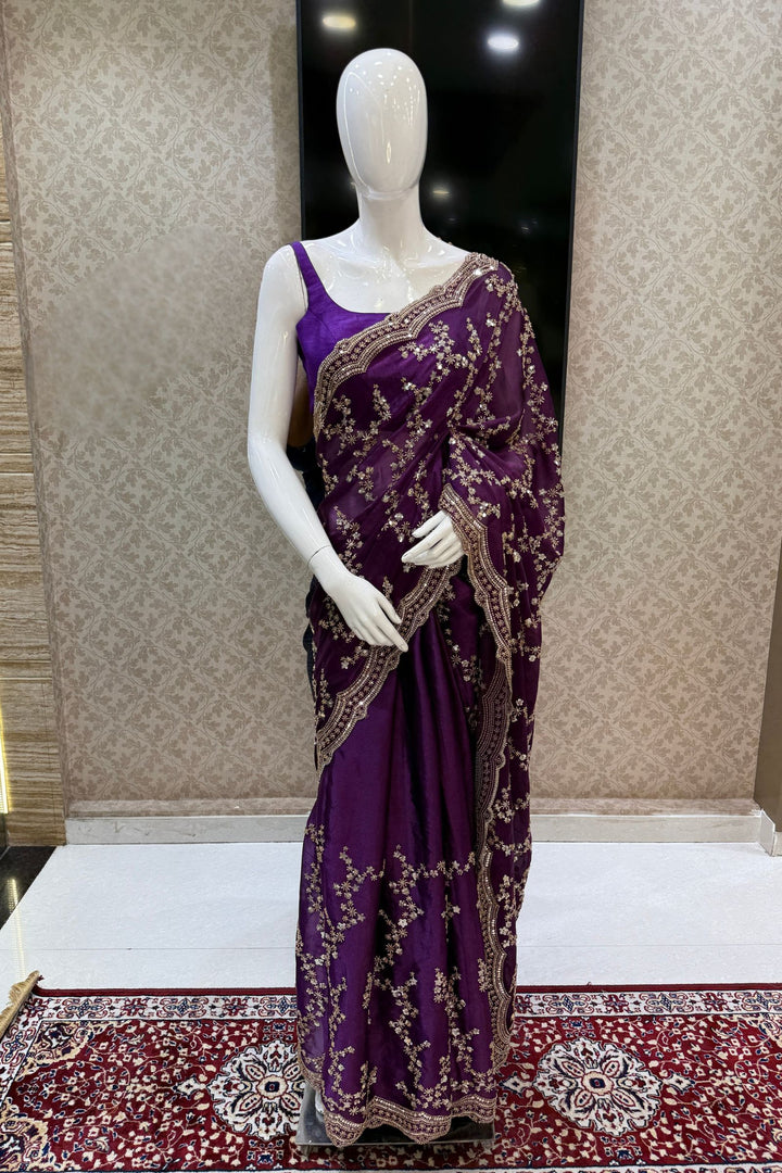 Violet Beads, Zari and Sequins work Saree