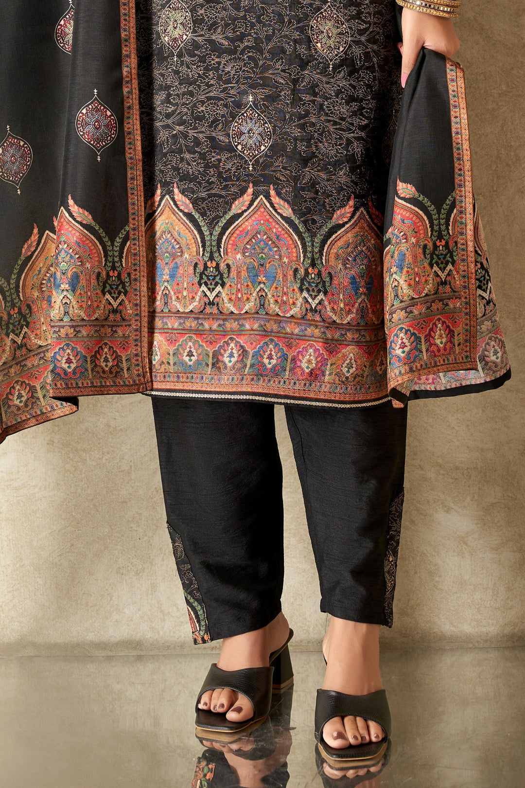 Black Banaras, Beads, Zardozi and Stone work with Digital Print Straight Cut Salwar Suit