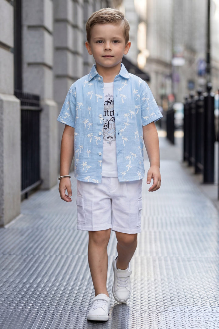 Sky Blue with White Printed Co-Ord Set for Boys