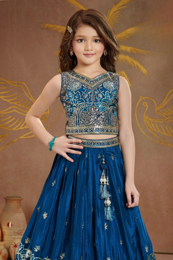 Teal Blue Sequins, Zari and Thread work Lehenga Choli for Girls