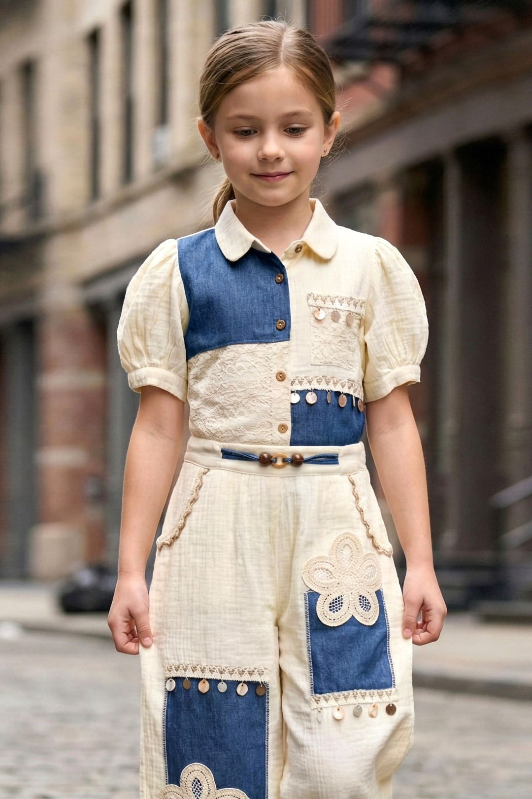 Cream with Blue Lace work Top and Palazzo Set for Girls