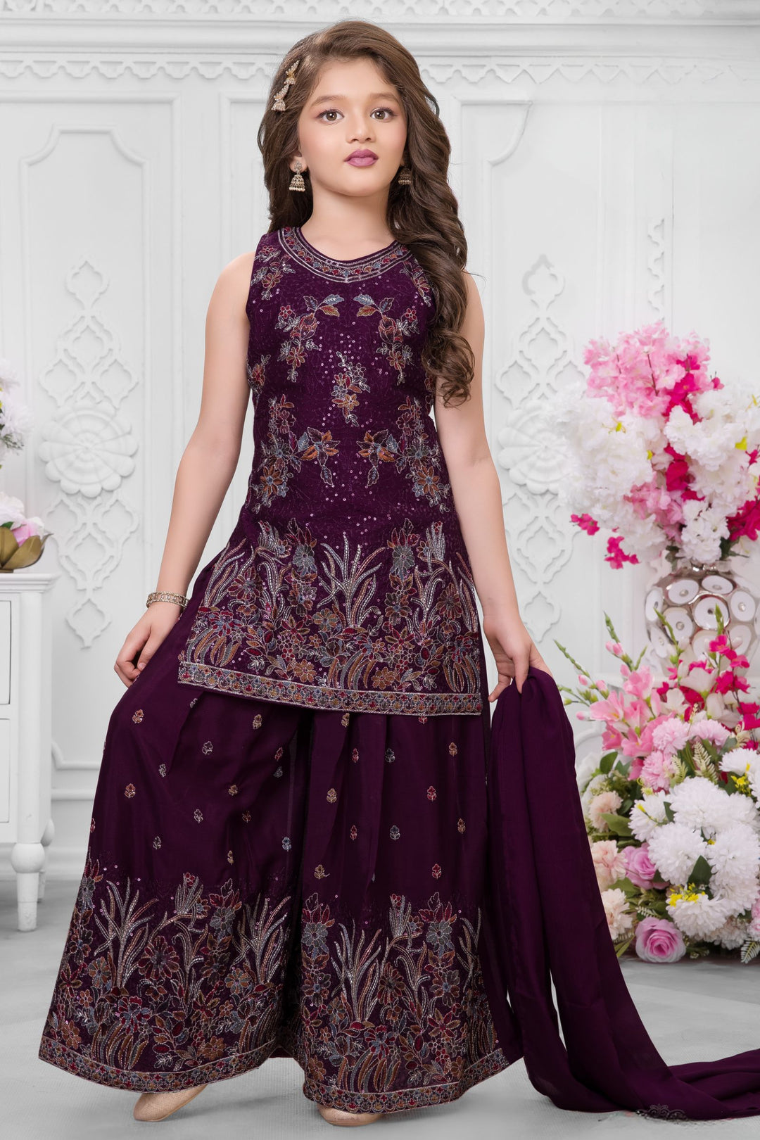 Wine Sequins and Multicolor Thread work Palazzo Suit Set for Girls