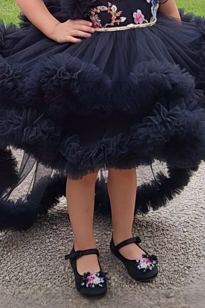 Black Sequins and Zari work Tail Cut Double Layered Partywear Frock for Girls