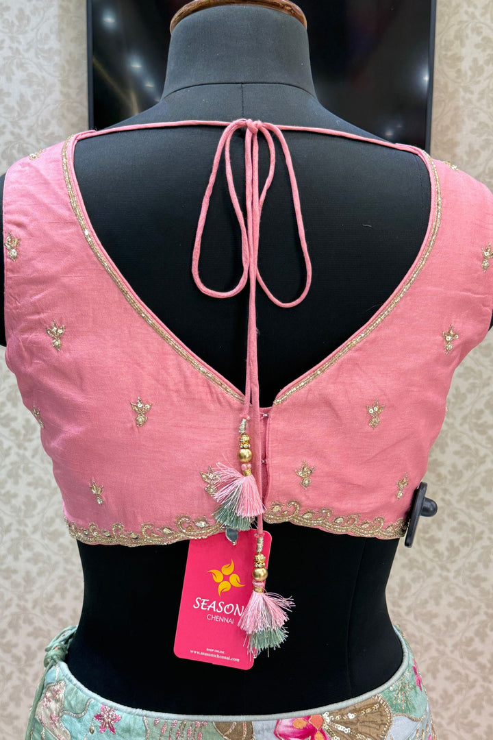 Pink with Light Green Floral Print, Beads, Zari and Sequins work Crop Top Lehenga