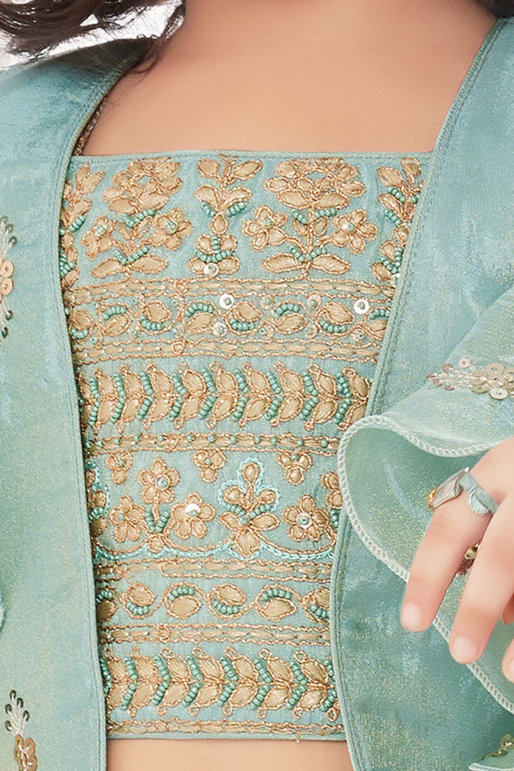 Sky Blue Beads, Zari, Sequins and Gota Patti work Overcoat Styled Lehenga Choli for Girls