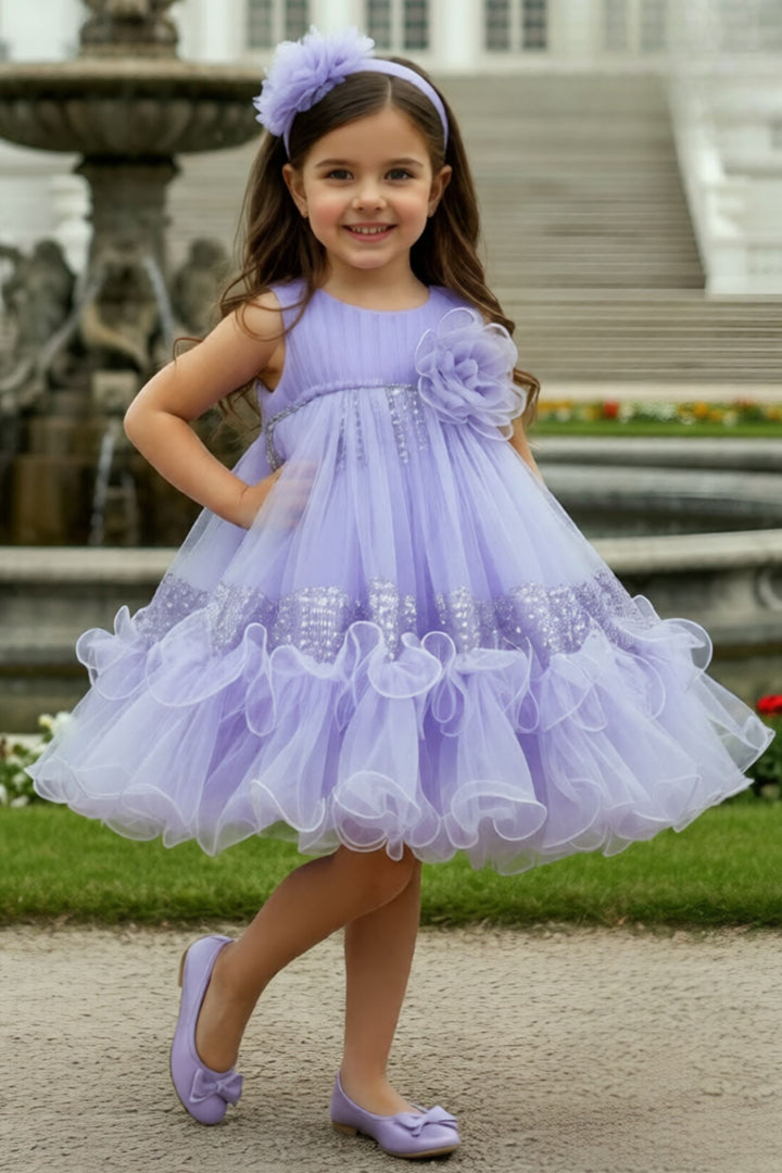 Lavender Sequins work Short Partywear Frock for Girls