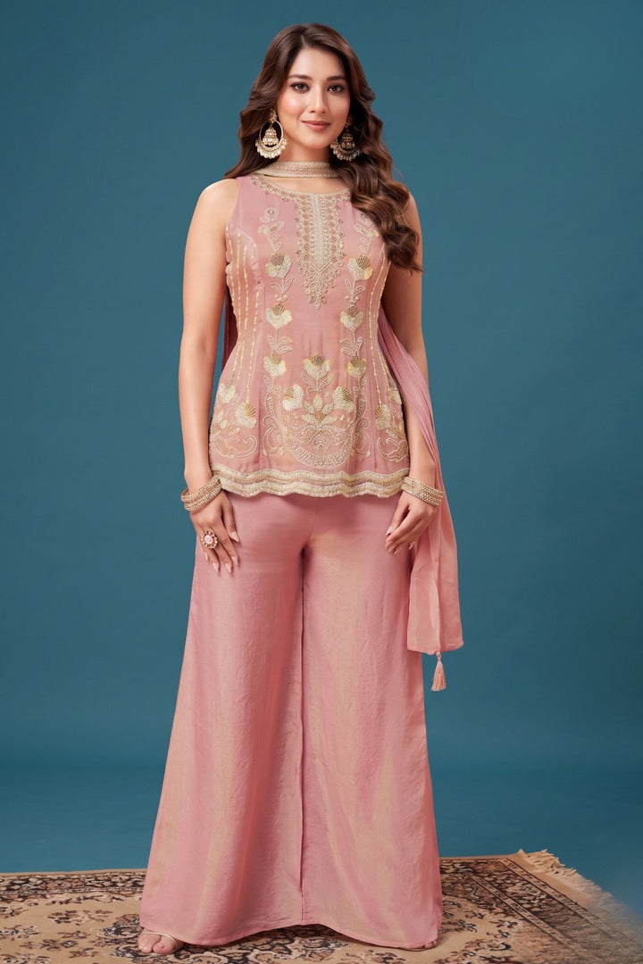 Baby Pink Beads and Sequins work Palazzo Salwar Suit
