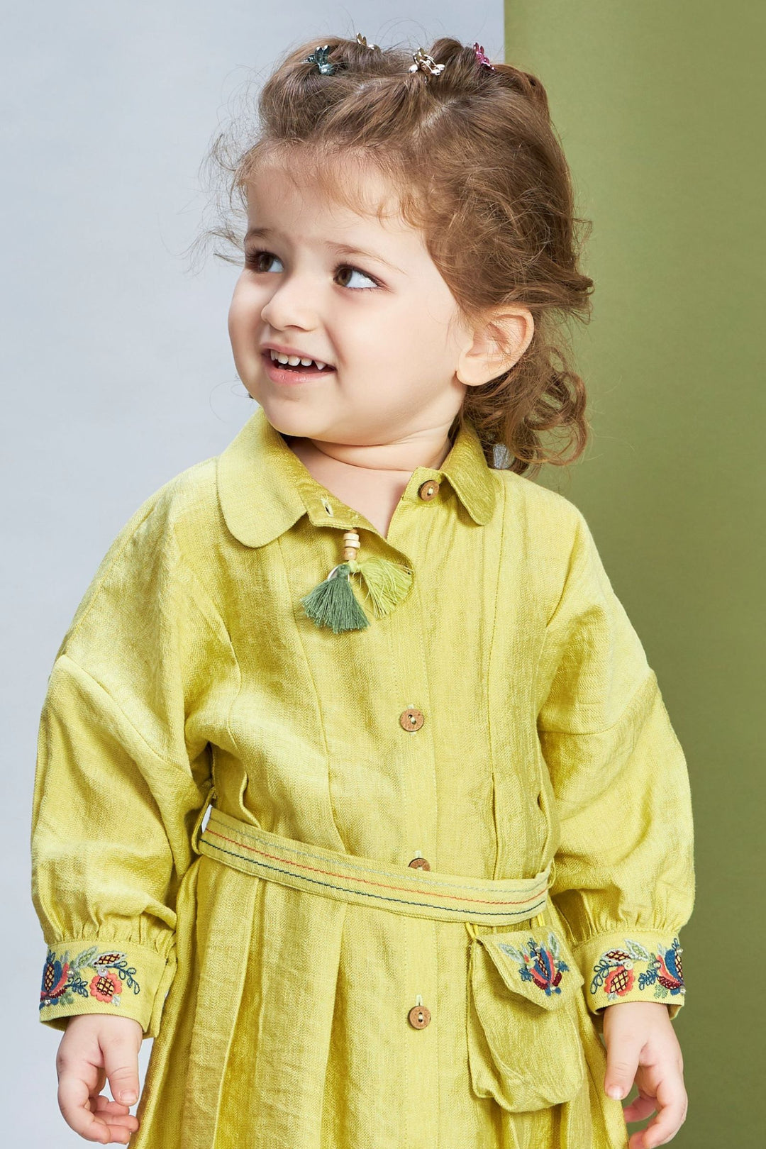 Liril Green Thread work Short Frock for Girls with Belt