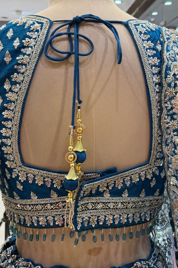 Designer Wedding Lehenga in Peacock Blue with Beads, Zari and Sequins Work