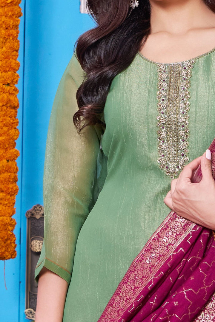 Pista Green Zardozi, Sequins, Beads and Zari work Straight Cut Salwar Suit