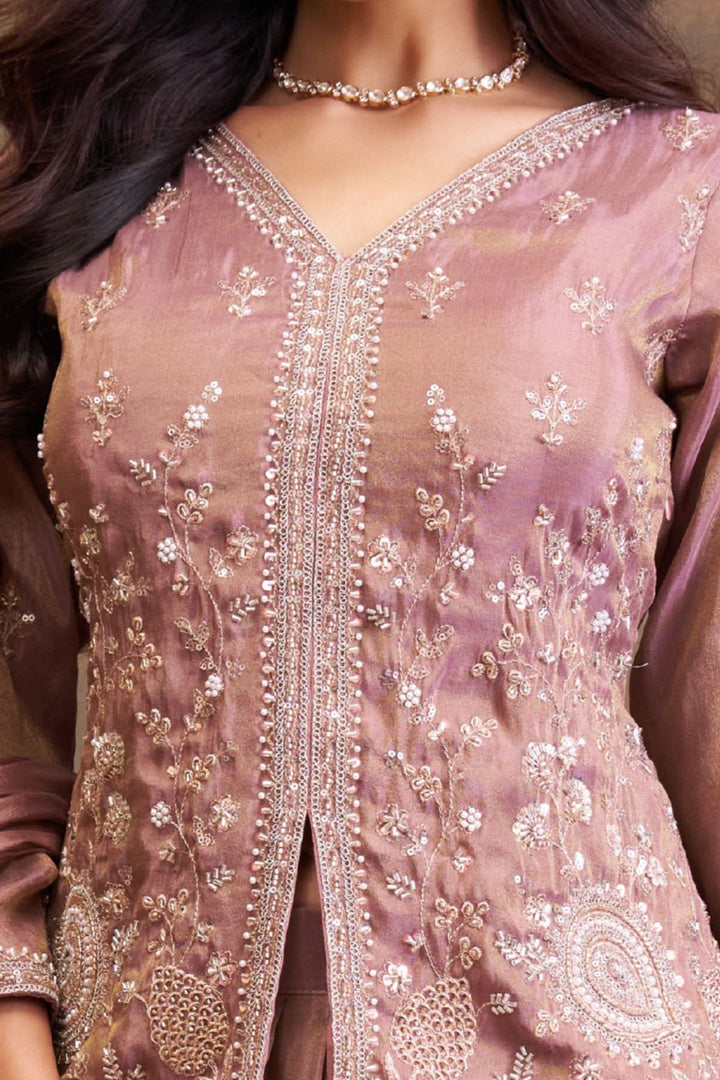Onion Pink Beads, Pearl and Sequins work Peplum Style Lehenga