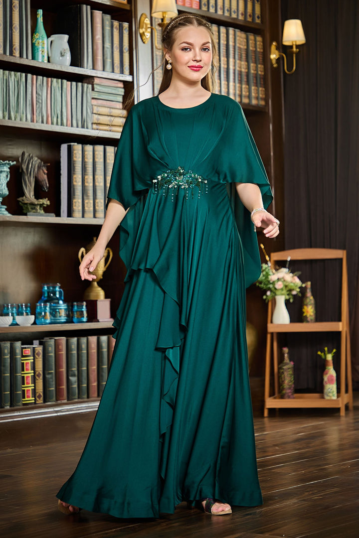 Bottle Green Beads, Thread and Sequins work Floor Length Kaftan Styled Anarkali Suit