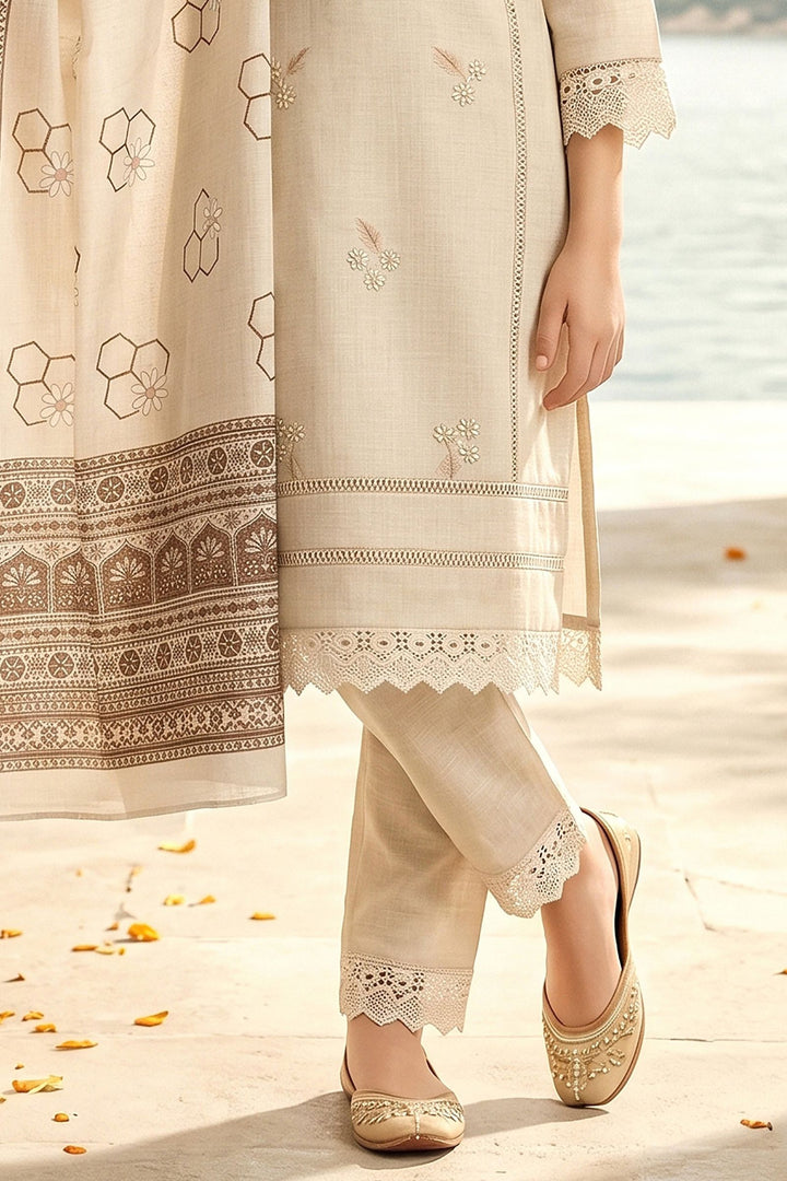 Cream Embroidery work Salwar Suit for Girls