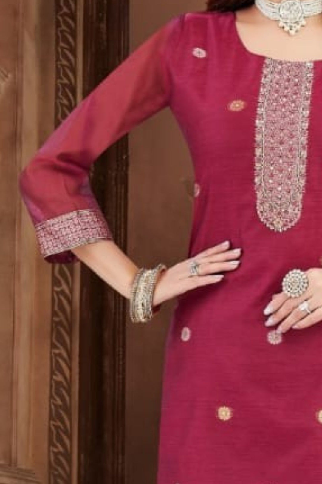 Magenta Zardozi, Sequins, Beads and Banaras work Straight Cut Salwar Suit