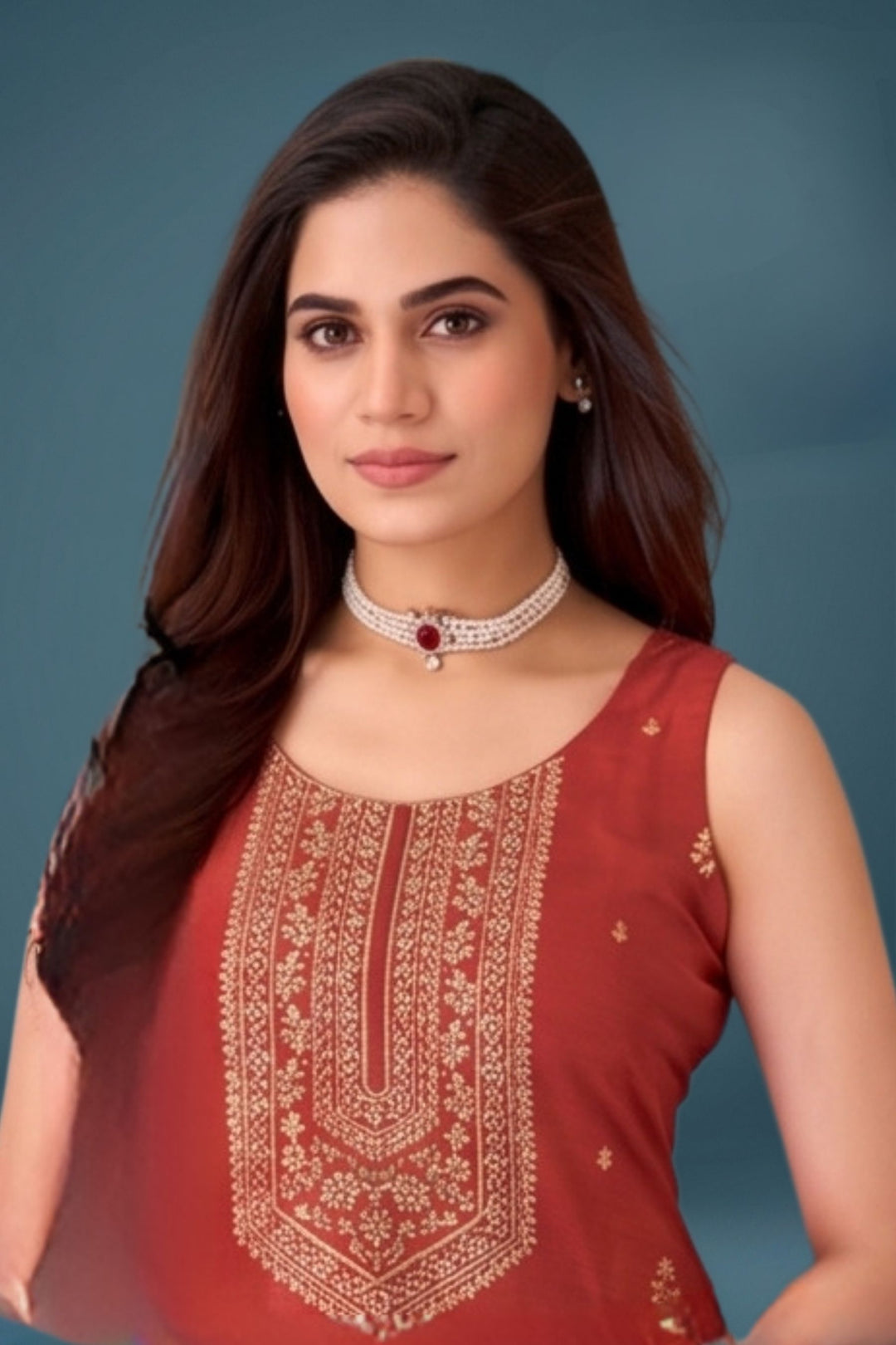 Rust Orange Banaras, Beads, Mirror, Stone and Sequins work Straight Cut Salwar Suit