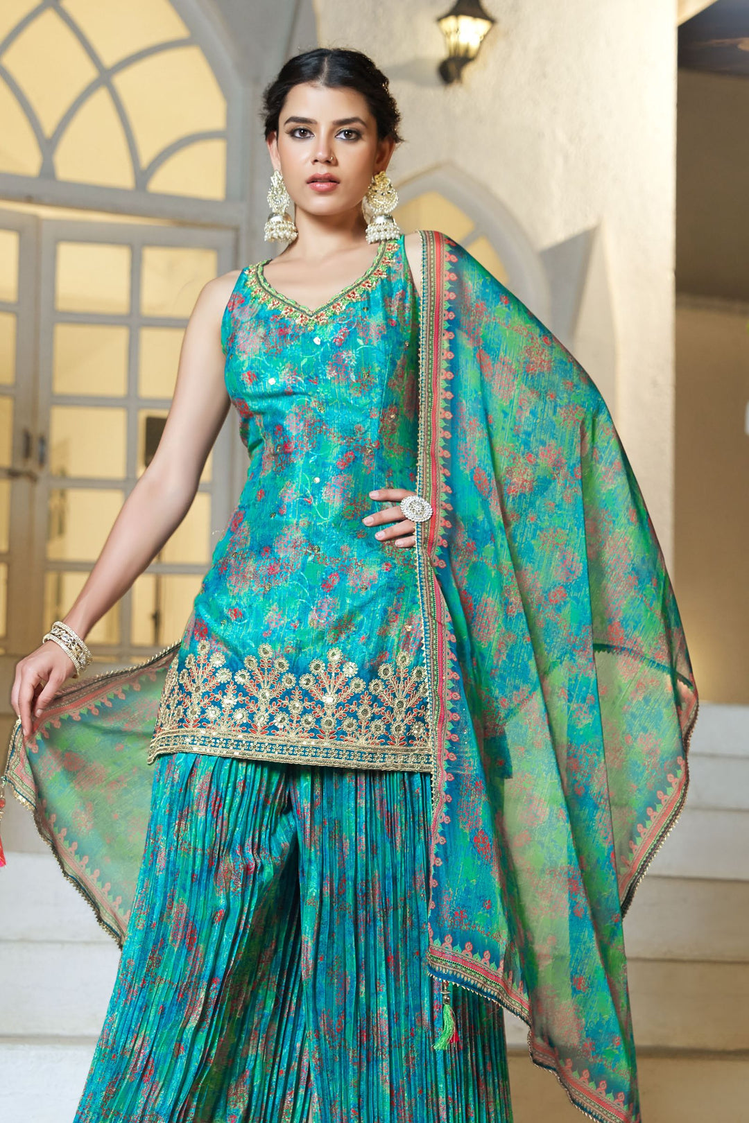 Rama Blue Beads, Sequins, Zari, Thread and Zardozi work Sharara Suit Set