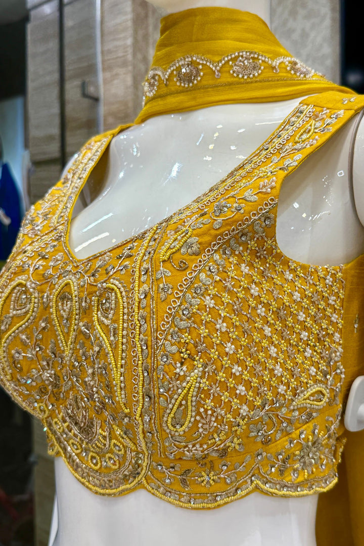 Yellow Beads, Zardozi, Stone, Zari and Sequins work Lehenga