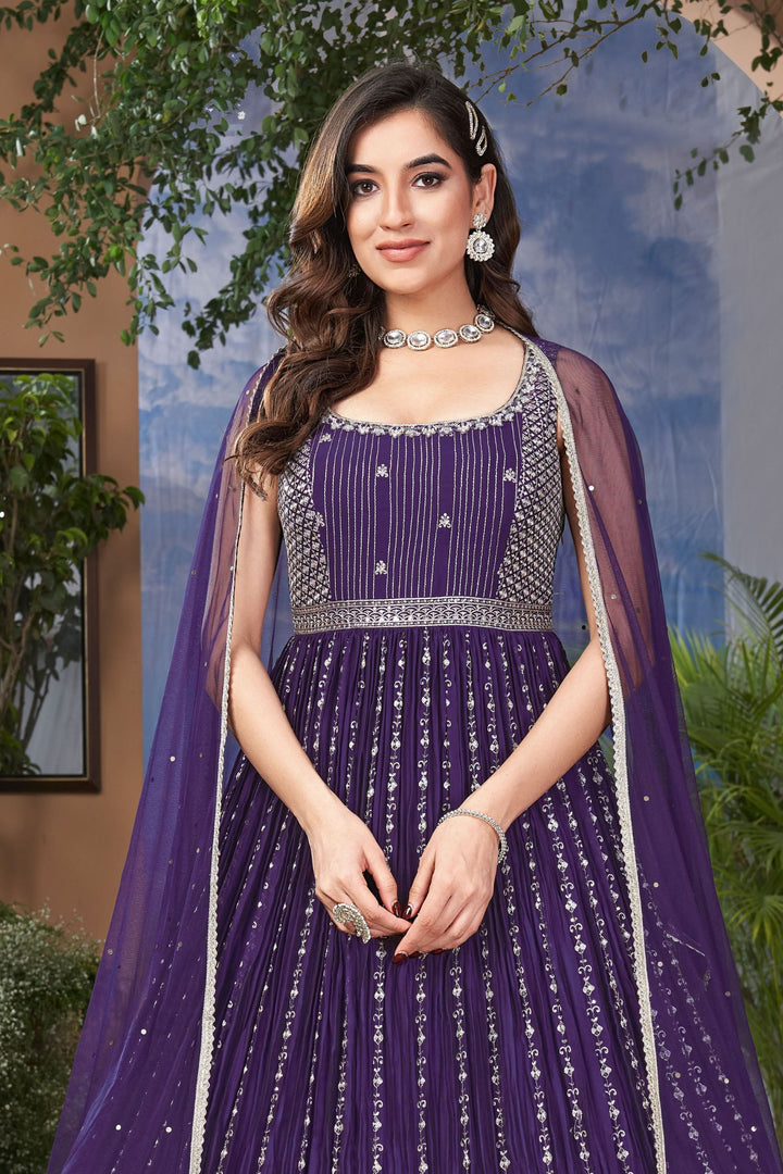 Purple Zari, Beads, Stone and Zardozi work Floor Length Anarkali Suit