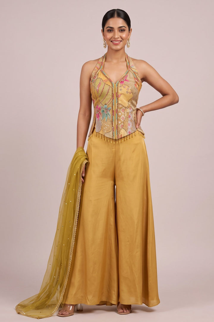 Yellow Halter Neck Palazzo Salwar Suit with Sequins, Mirror, Zari, Stone and Beads Detailing
