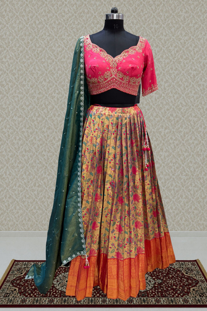 Designer Floral Banarasi Lehenga Set in Pink and Gold