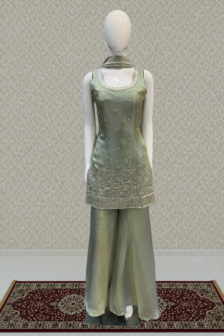 Light Pista Green Beads, Zari and Sequins work Top with Flared Palazzo Set