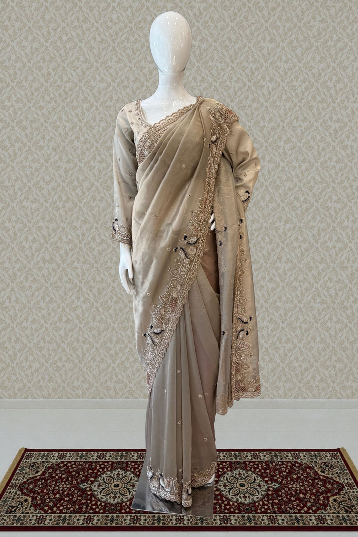 Grey Beads, Sequins and Pearl work Saree