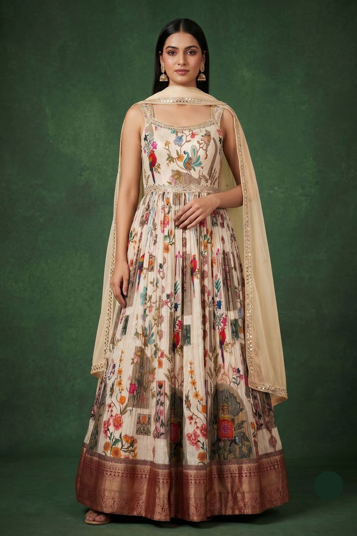 Cream Mirror, Zardozi, Zari and Banaras work with Digital Print Floor Length Anarkali Suit