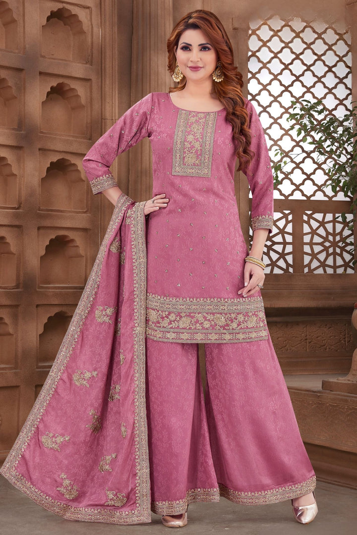 Onion Pink Sequins, Beads and Zari work Palazzo Salwar Suit