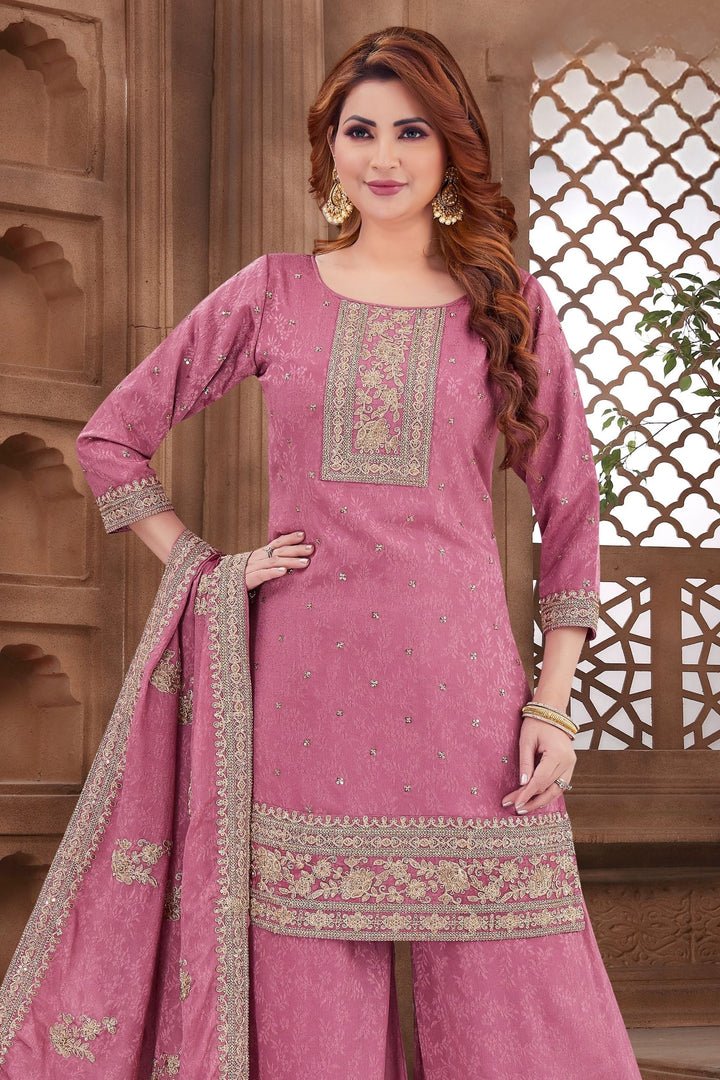 Onion Pink Sequins, Beads and Zari work Palazzo Salwar Suit