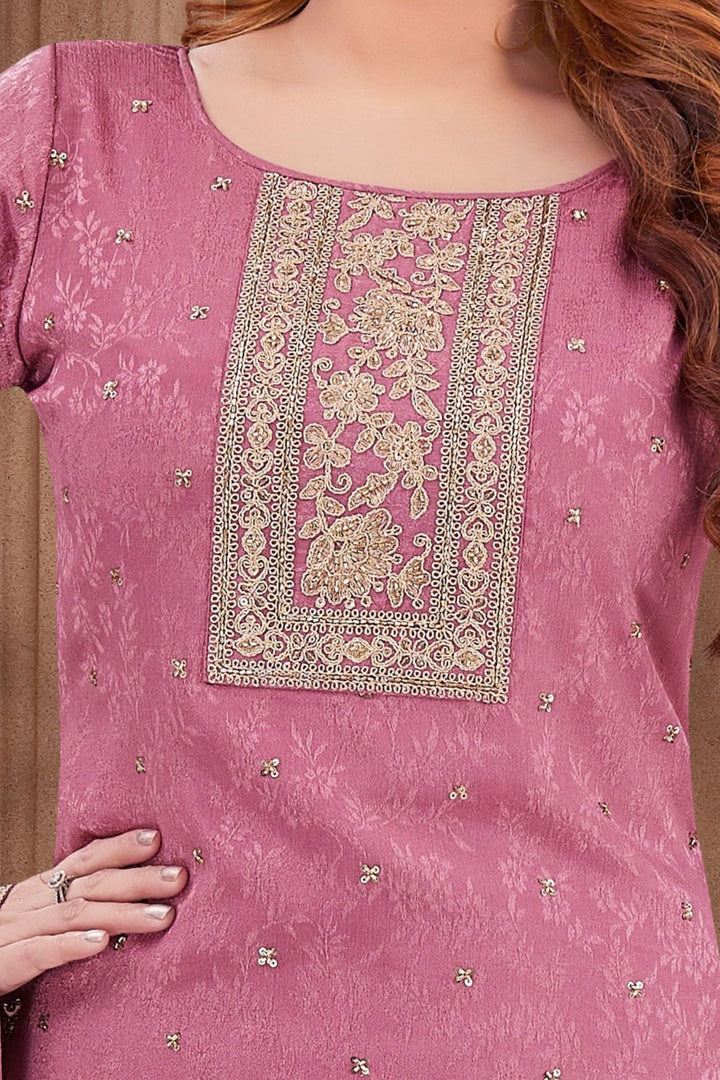 Onion Pink Sequins, Beads and Zari work Palazzo Salwar Suit