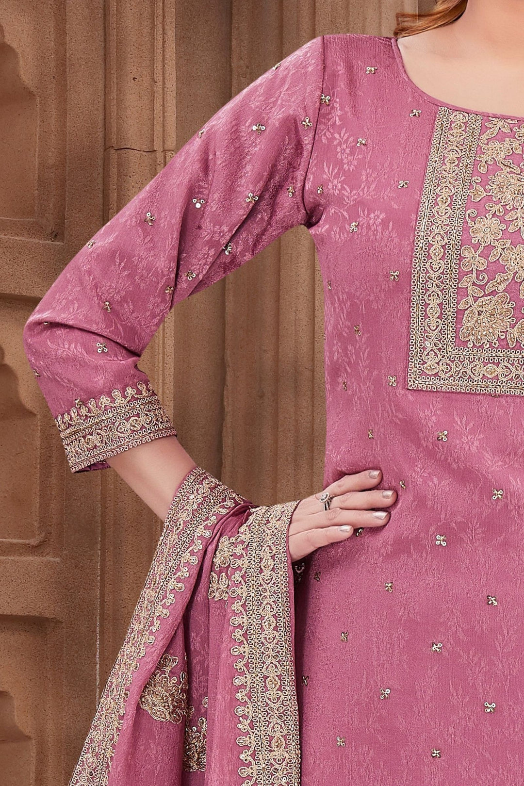 Onion Pink Sequins, Beads and Zari work Palazzo Salwar Suit