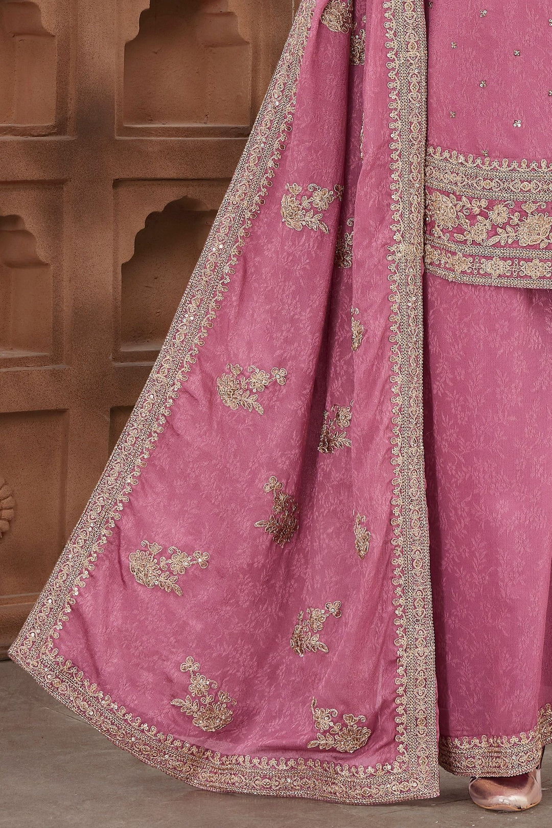Onion Pink Sequins, Beads and Zari work Palazzo Salwar Suit