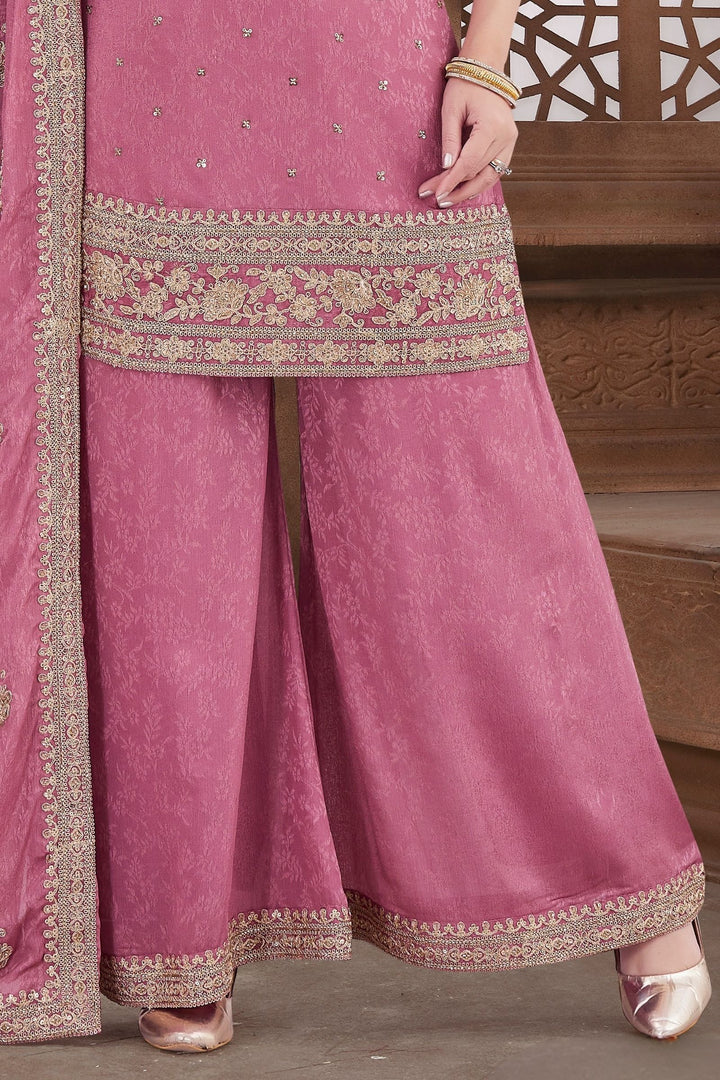 Onion Pink Sequins, Beads and Zari work Palazzo Salwar Suit
