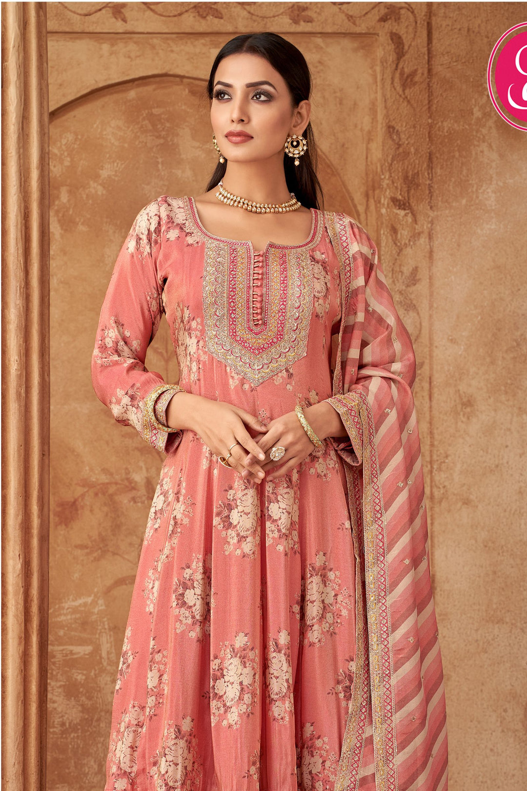 Peach Digital Print, Sequins, Zari and Thread work Anarkali Style Salwar Suit