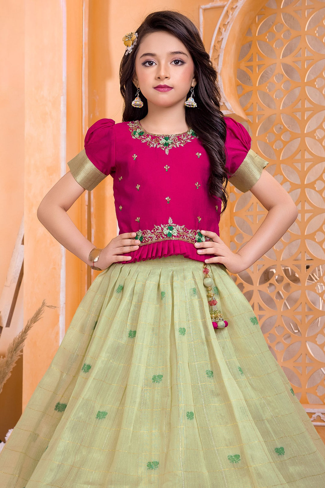 Rani Pink with Pista Green Zardozi, Stone, Beads and Banaras Zari work Lehenga Choli for Girls