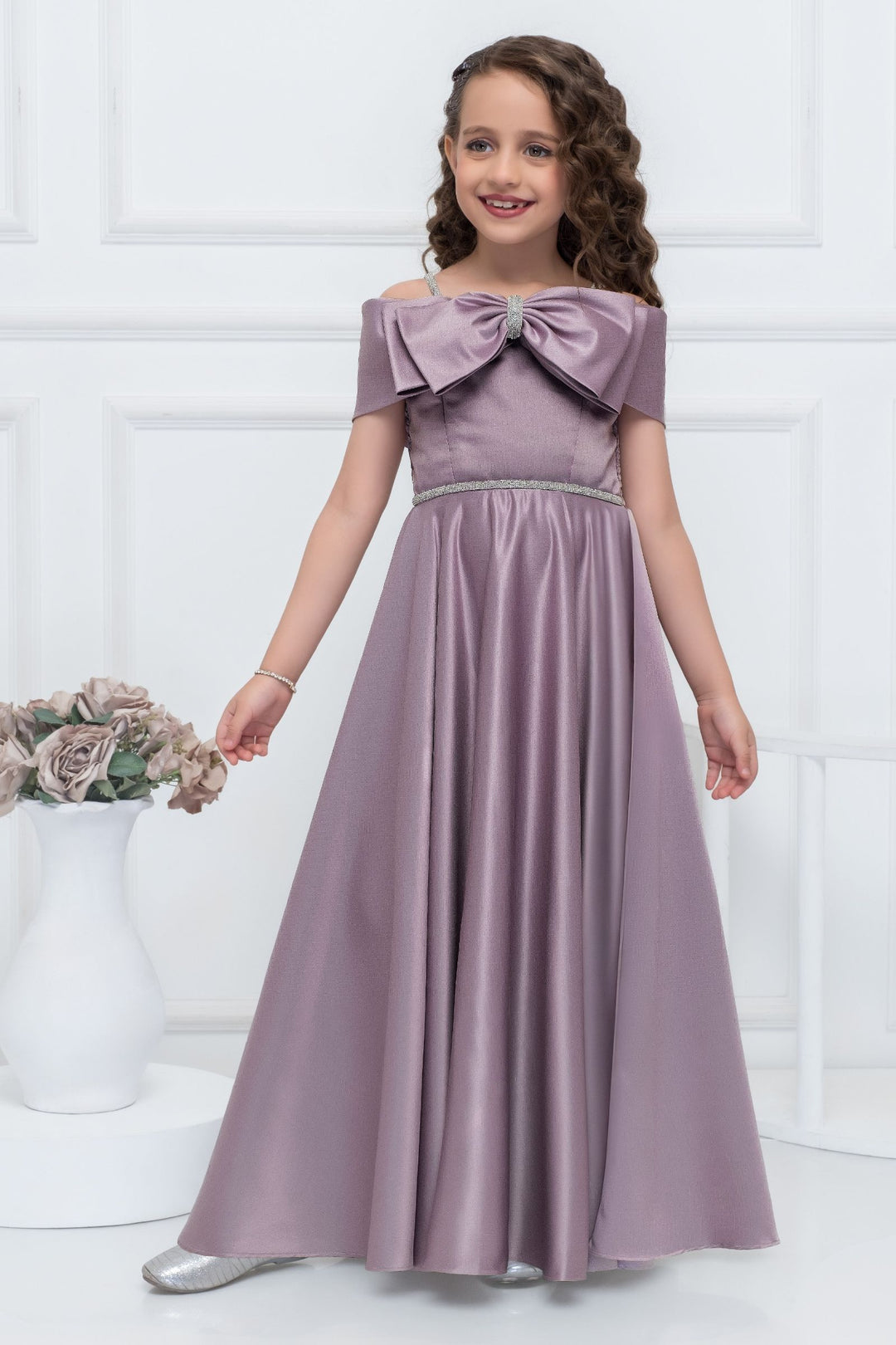 Girls Party Wear Off-Shoulder Gown with Attached Bow and Sparkle Waistband