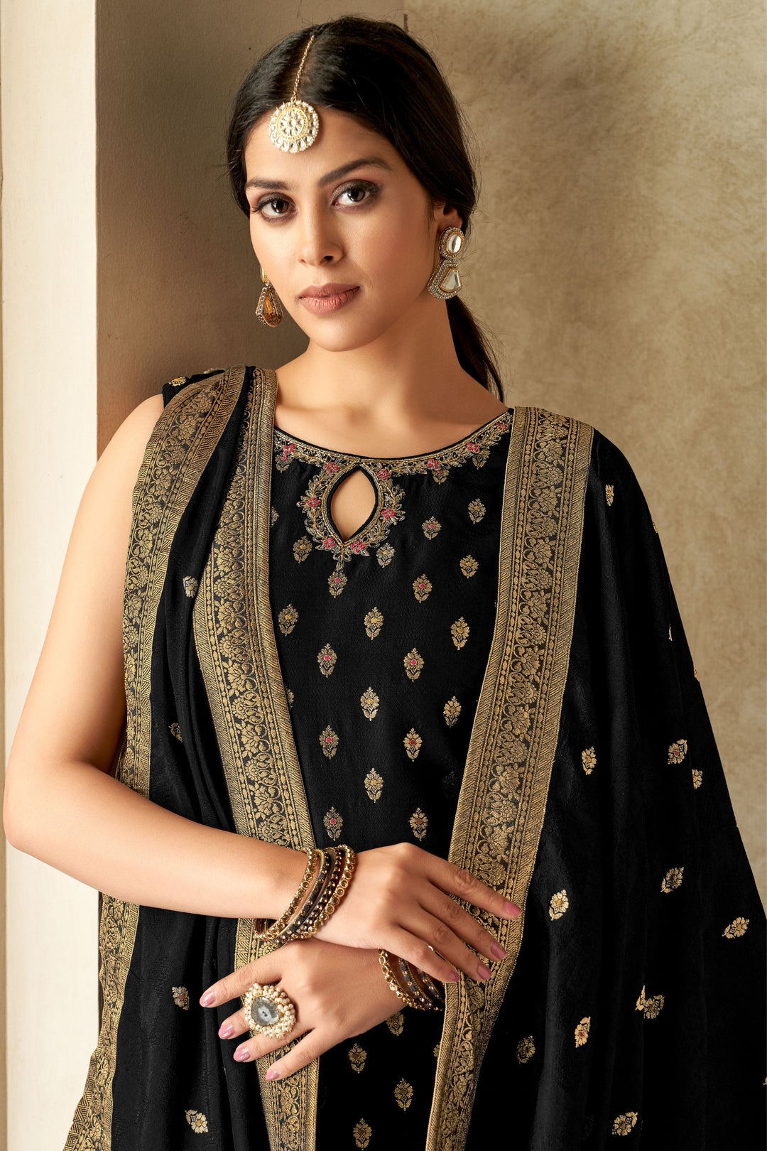 Black Banaras, Zardozi, Beads, Stone and Thread work Straight Cut Salwar Suit