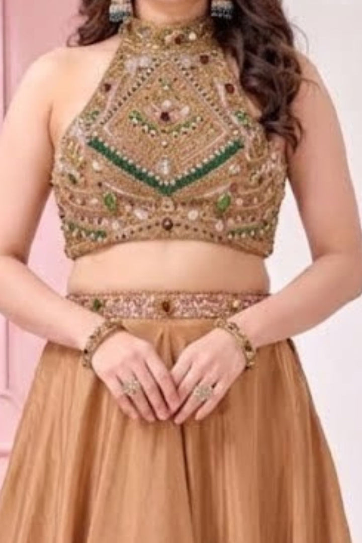 Gold Stone, Beads, Zardozi, Sequins and Pearl work with Halter Neck Lehenga