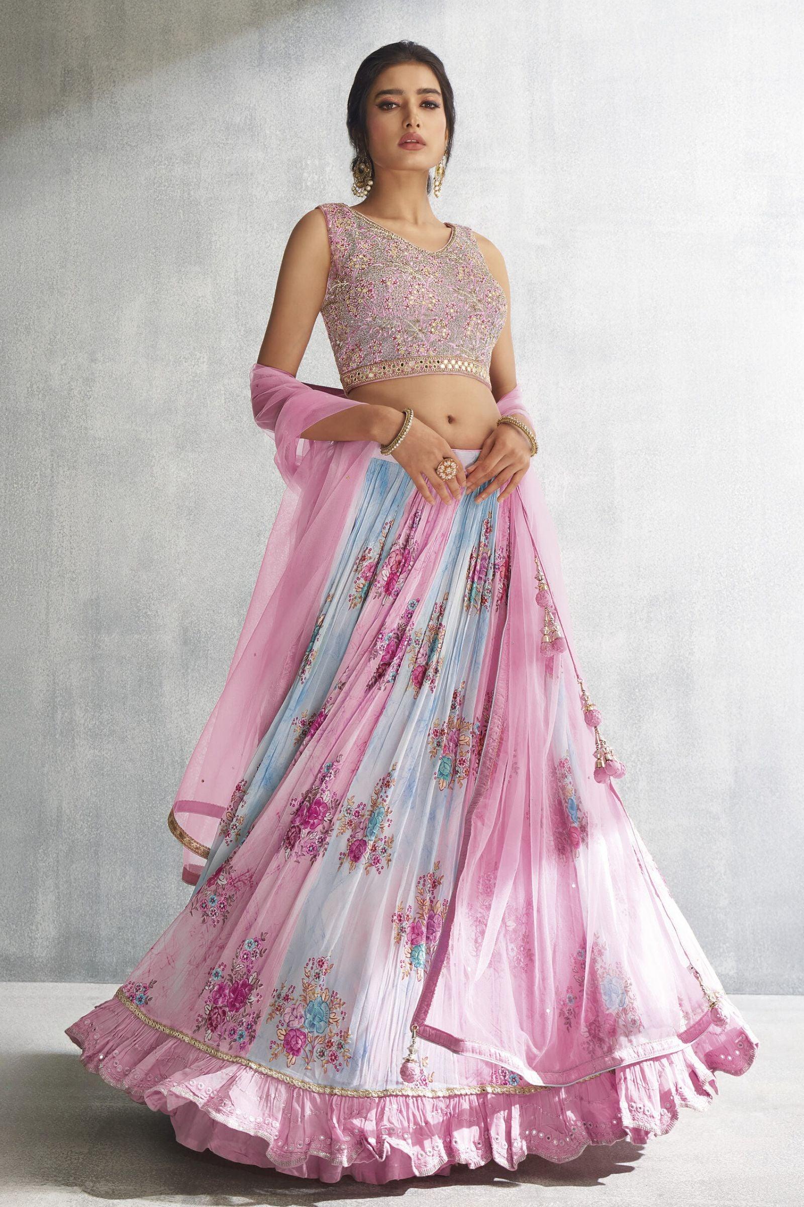 Buy Women Light Pink Floral Embellished Lehenga Set With Blouse And  Contrast Dupatta - Ready To Wear Lehengas - Indya