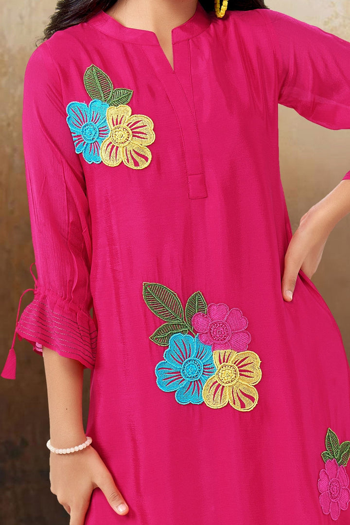 Rani Pink Multicolor Embroidery and Beads work Casual Kurti for Girls