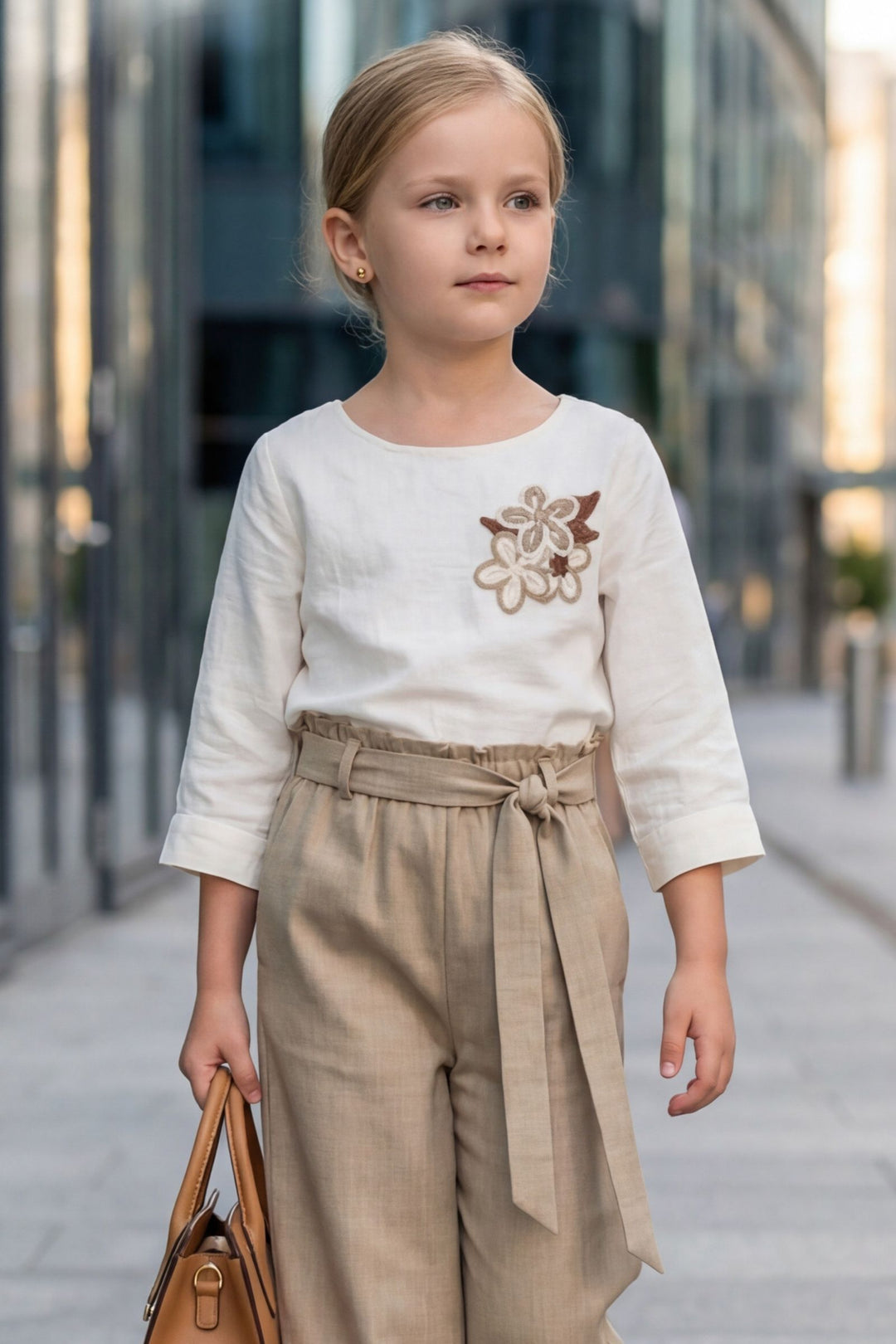 Cream with Fawn Top and Palazzo Set for Girls with Belt