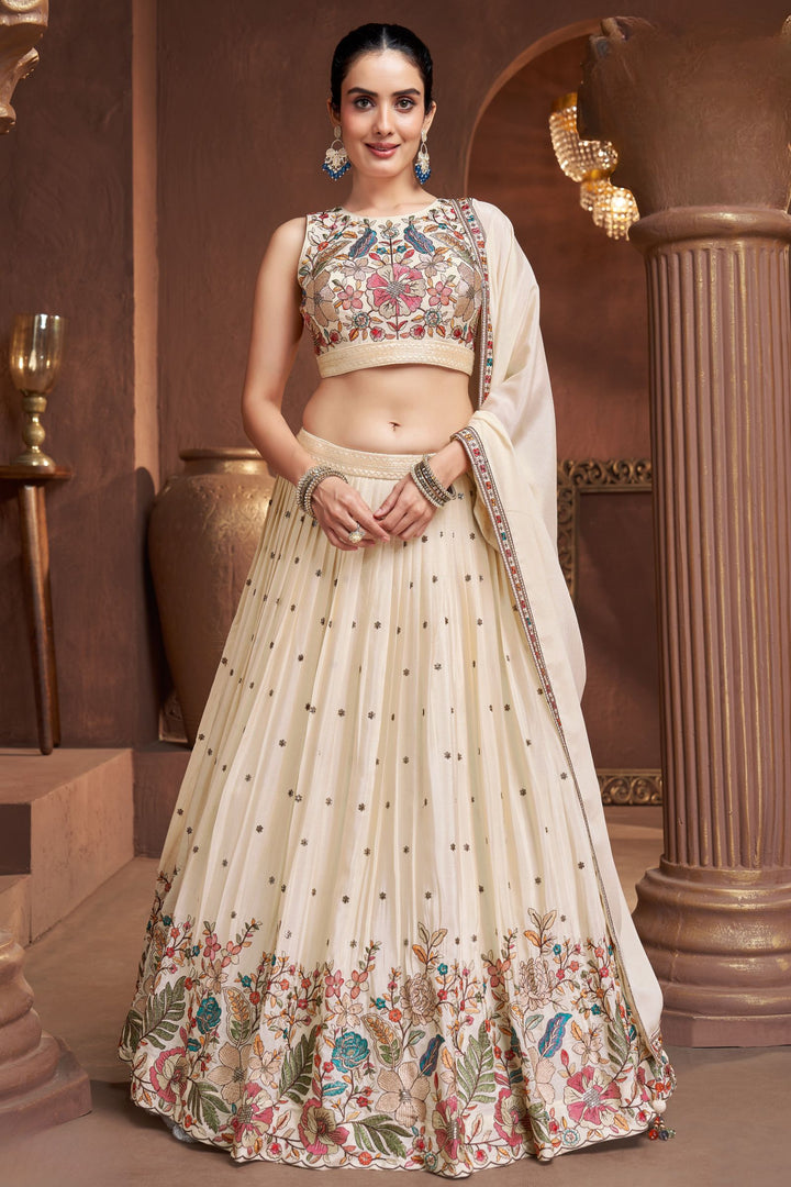 Cream Multicolor Embroidery, Beads and Sequins work Lehenga