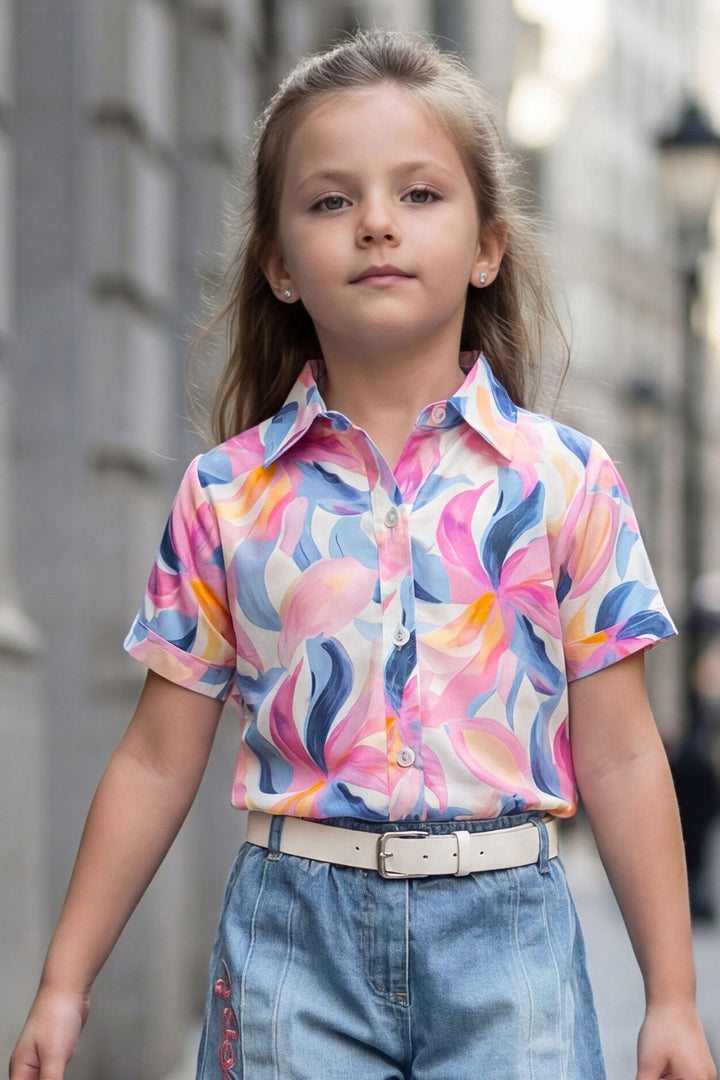 Cream with Multicolor Digital Print Top and Blue Shorts For Girls