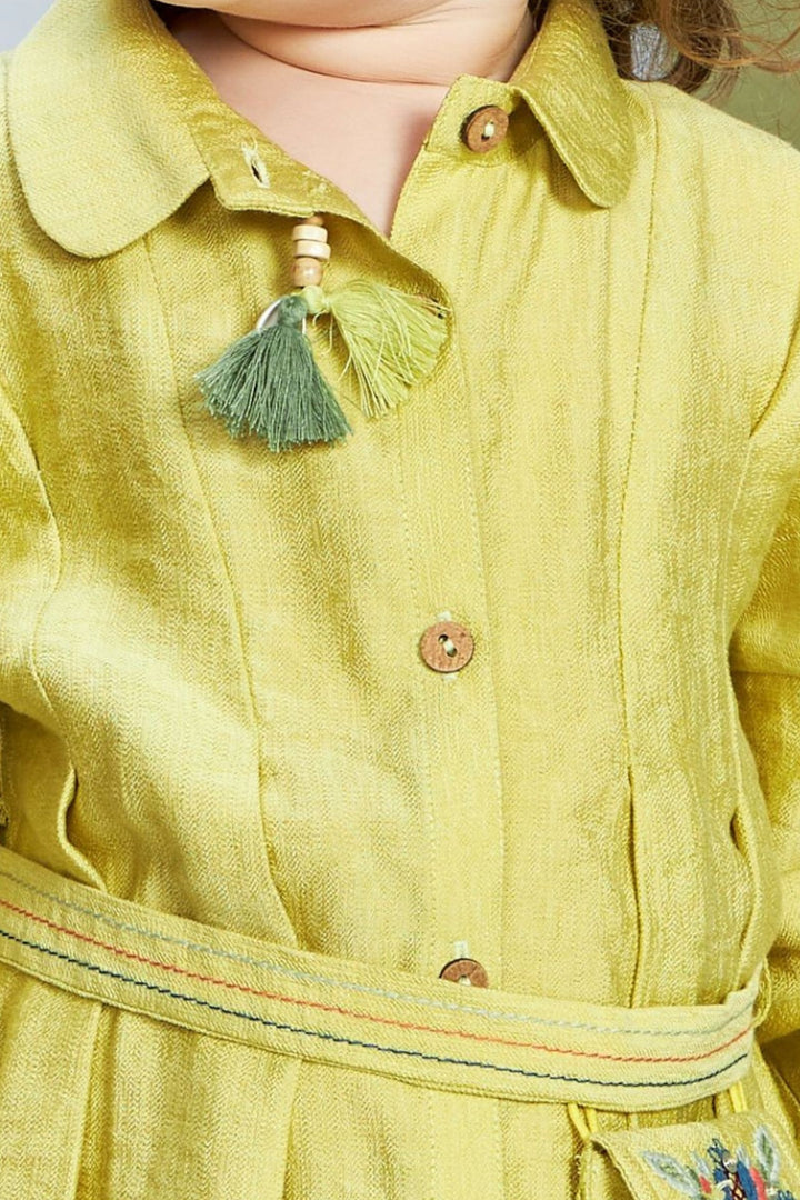 Liril Green Thread work Short Frock for Girls with Belt