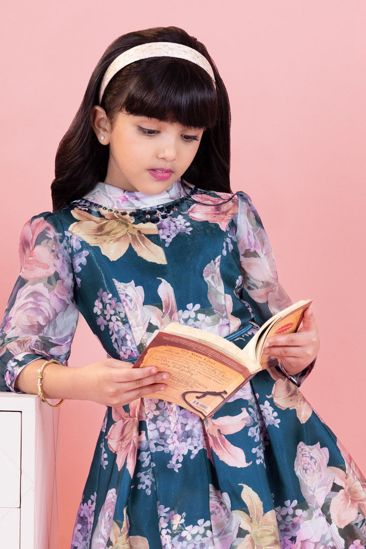 Teal Blue Floral Print Short Casual Frock For Girls