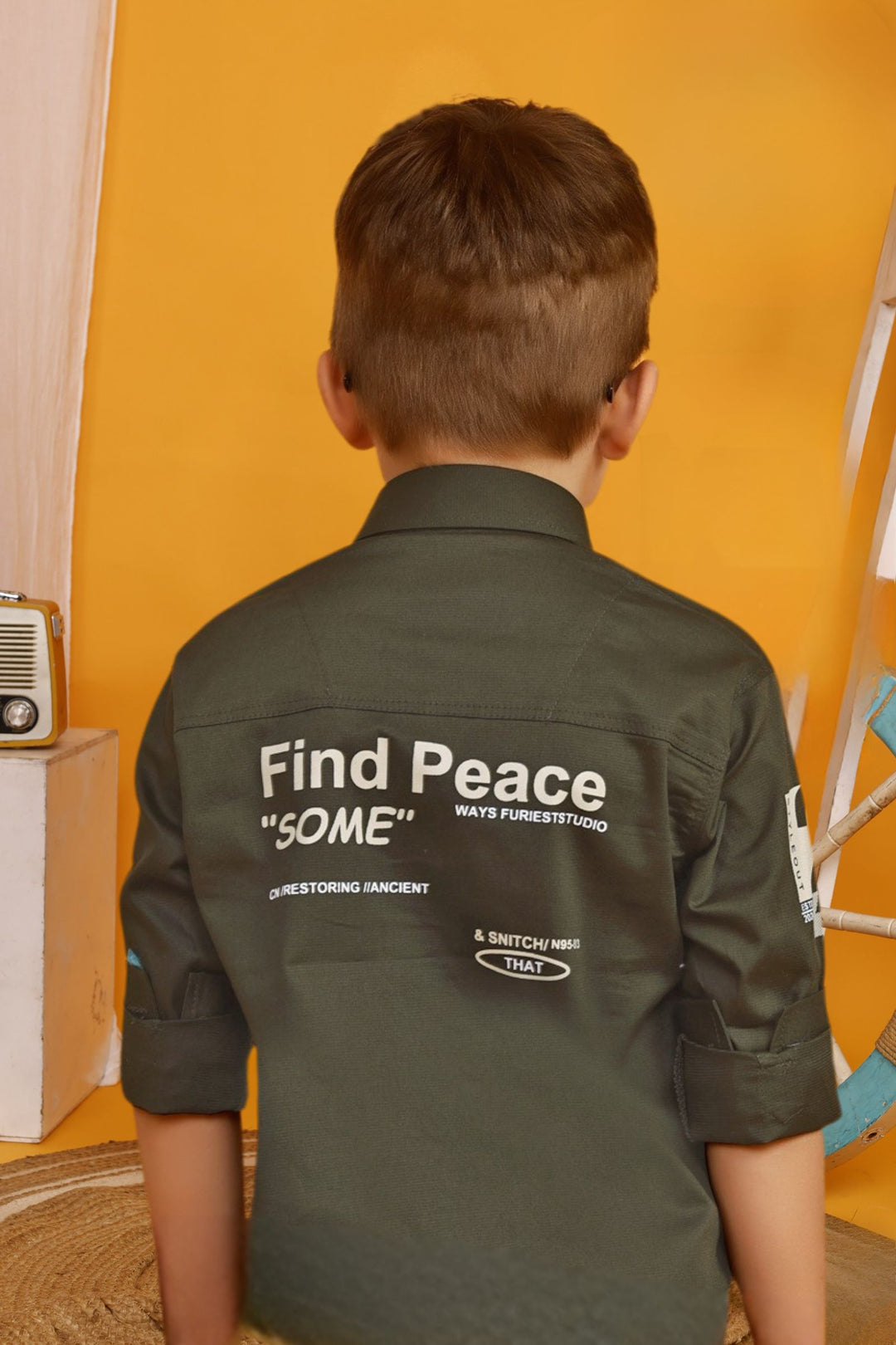 Dark Green Printed Shirt and Cream Pant Set for Boys