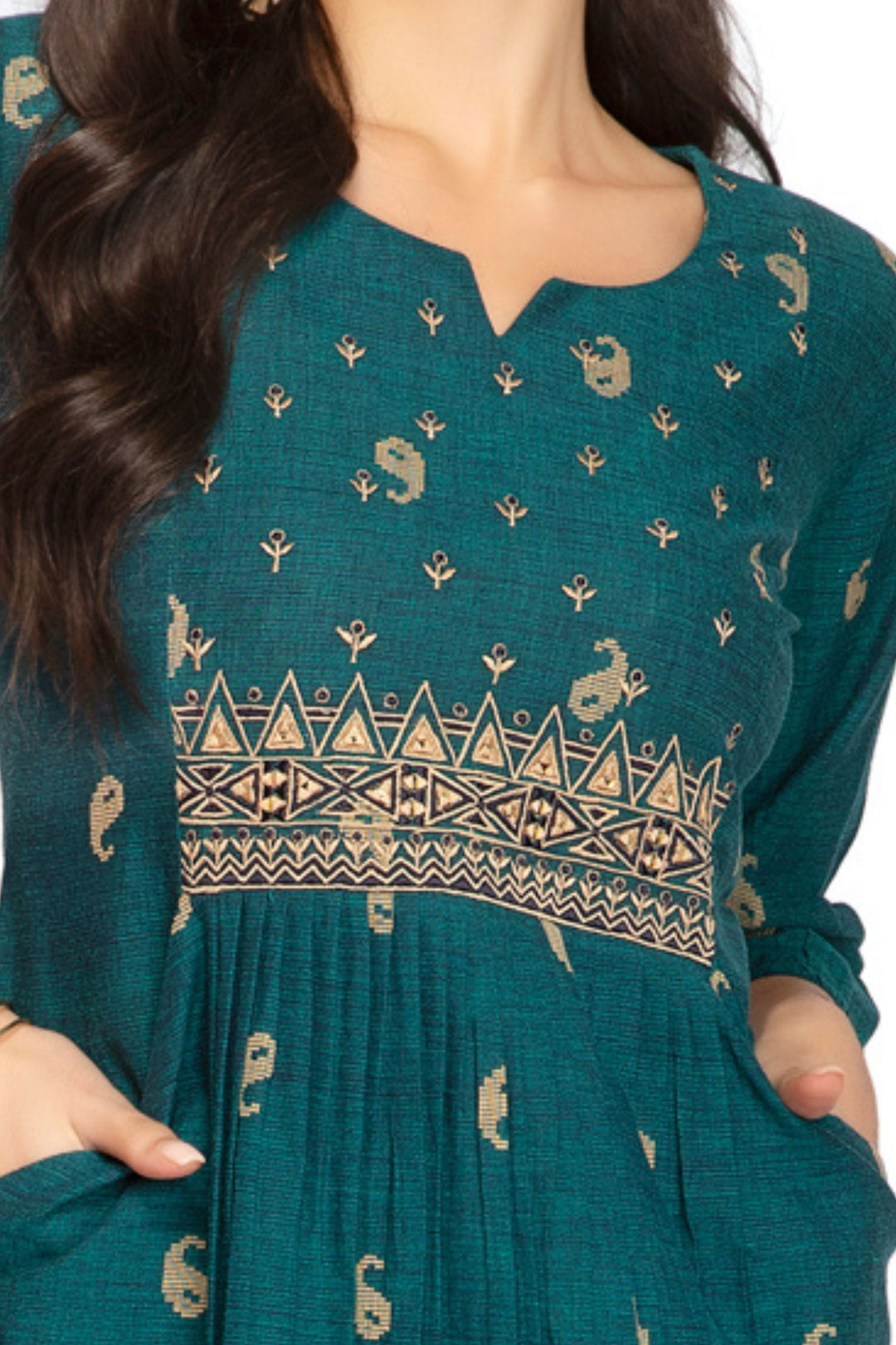 Peacock Blue Embroidery and Mirror work A-Line Cut Calf Length Kurti
